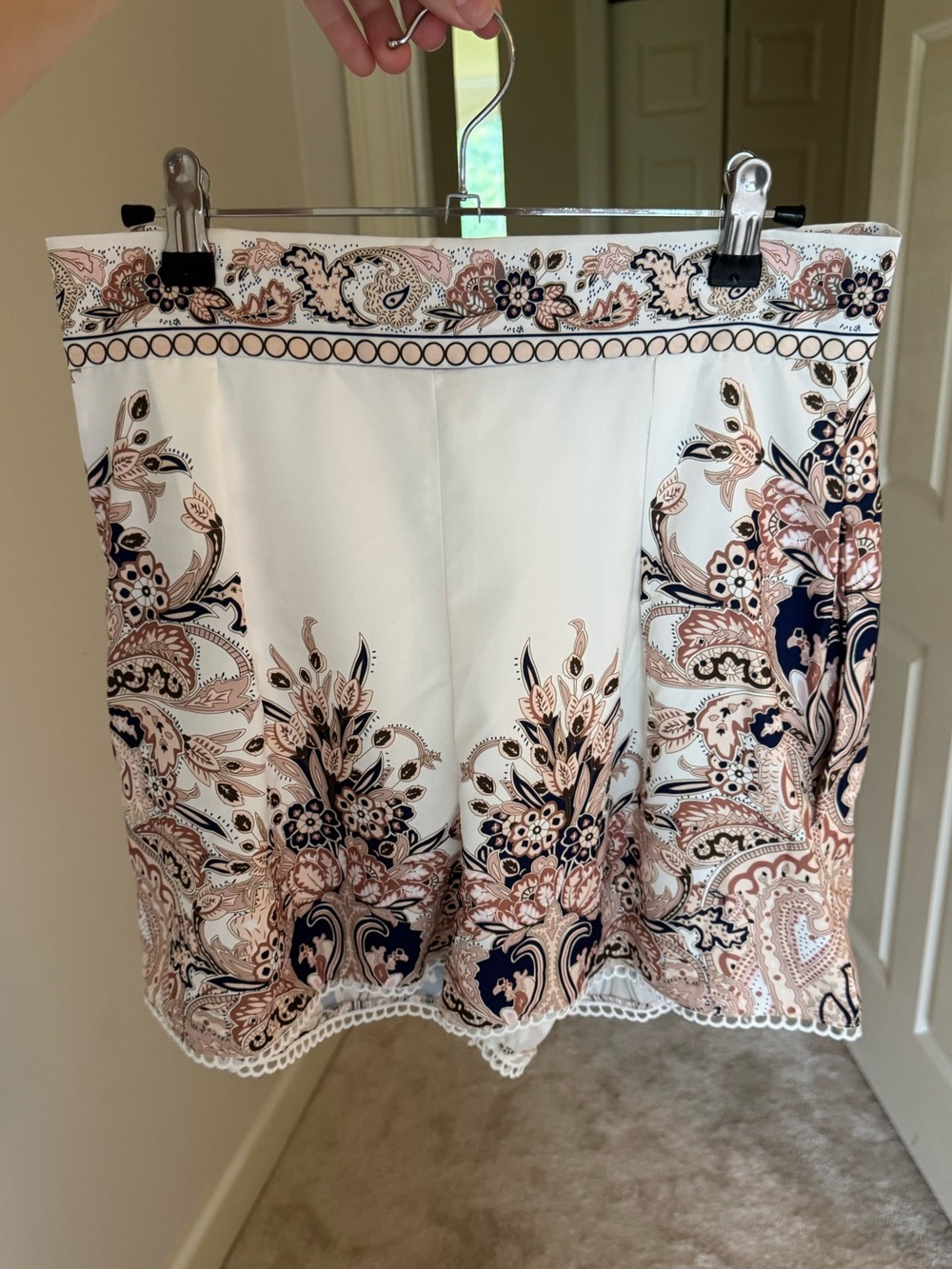 Ivory Satin Paisley Floral High Rise Tailored Shorts Navy Blush Resort
